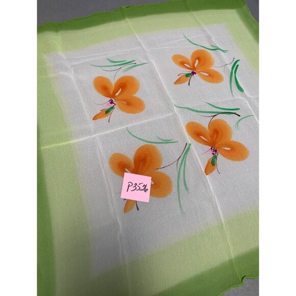 Vintage Floral Silk Scarf Handkerchief with Orange Flowers Green Border - Picture 8 of 8